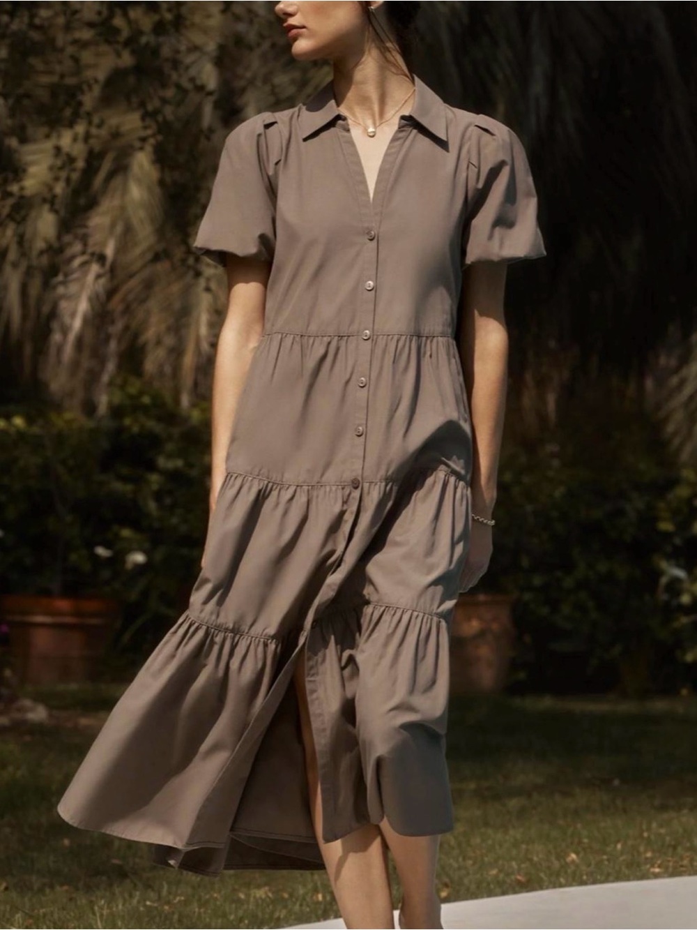 New Brochu Walker Havana Voile Taupe Tiered Button-Front Dress